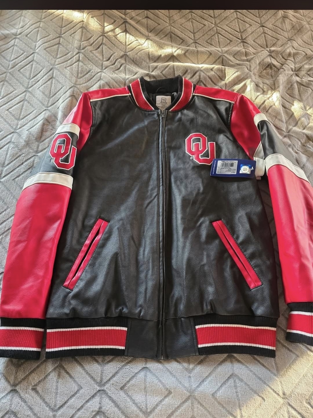 Knights Apparel Black and Red Leather Bomber Jacket with OU Patch